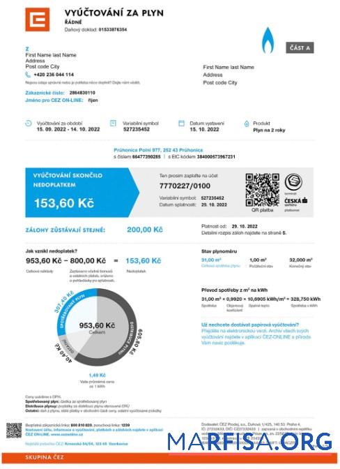 Downloadable Czech Vyuctovani Za Plyn utility bill template